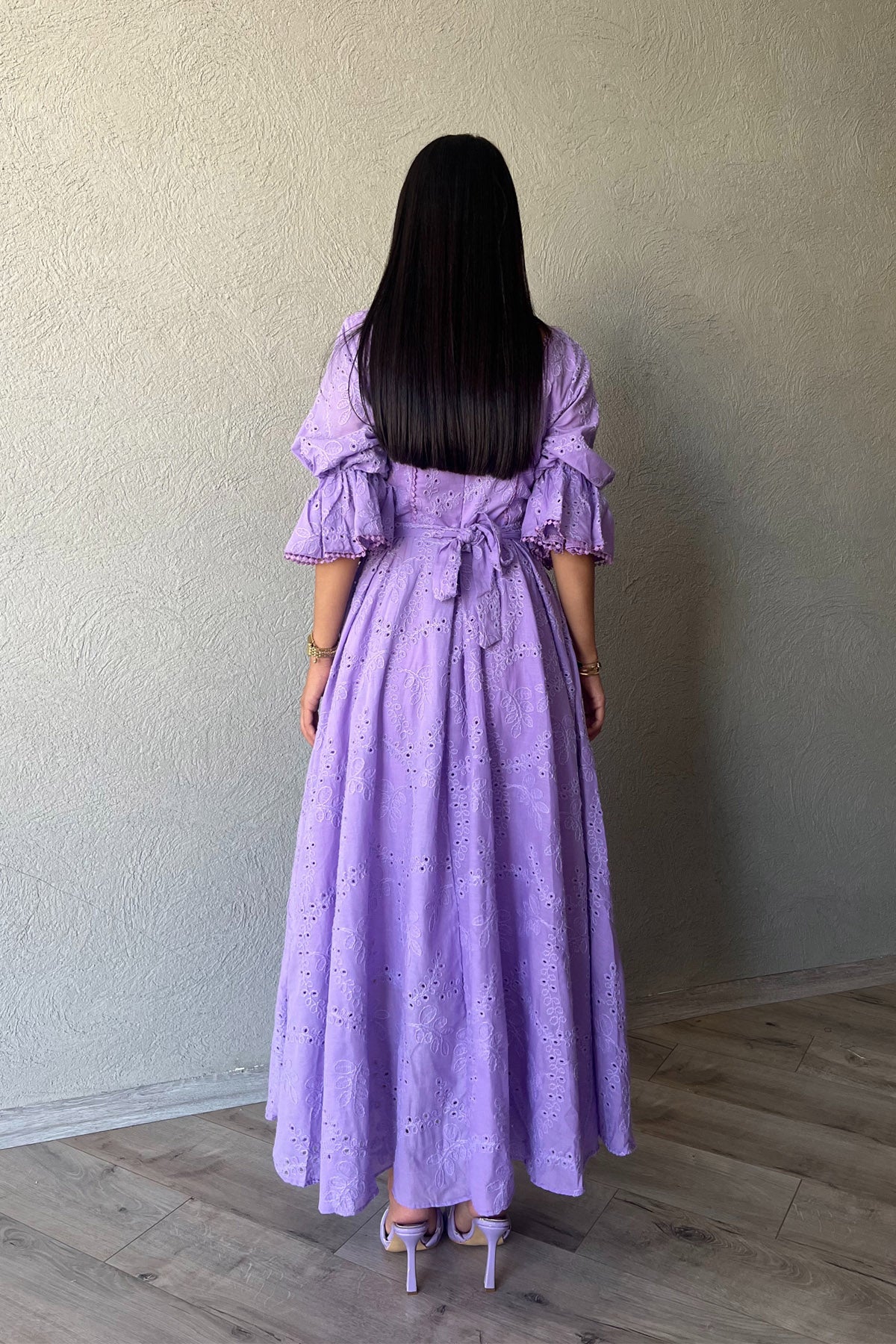 Mor Kolu Lastik Detaylı Güpür Detaylı Brode Elbise SY-2109-Mor