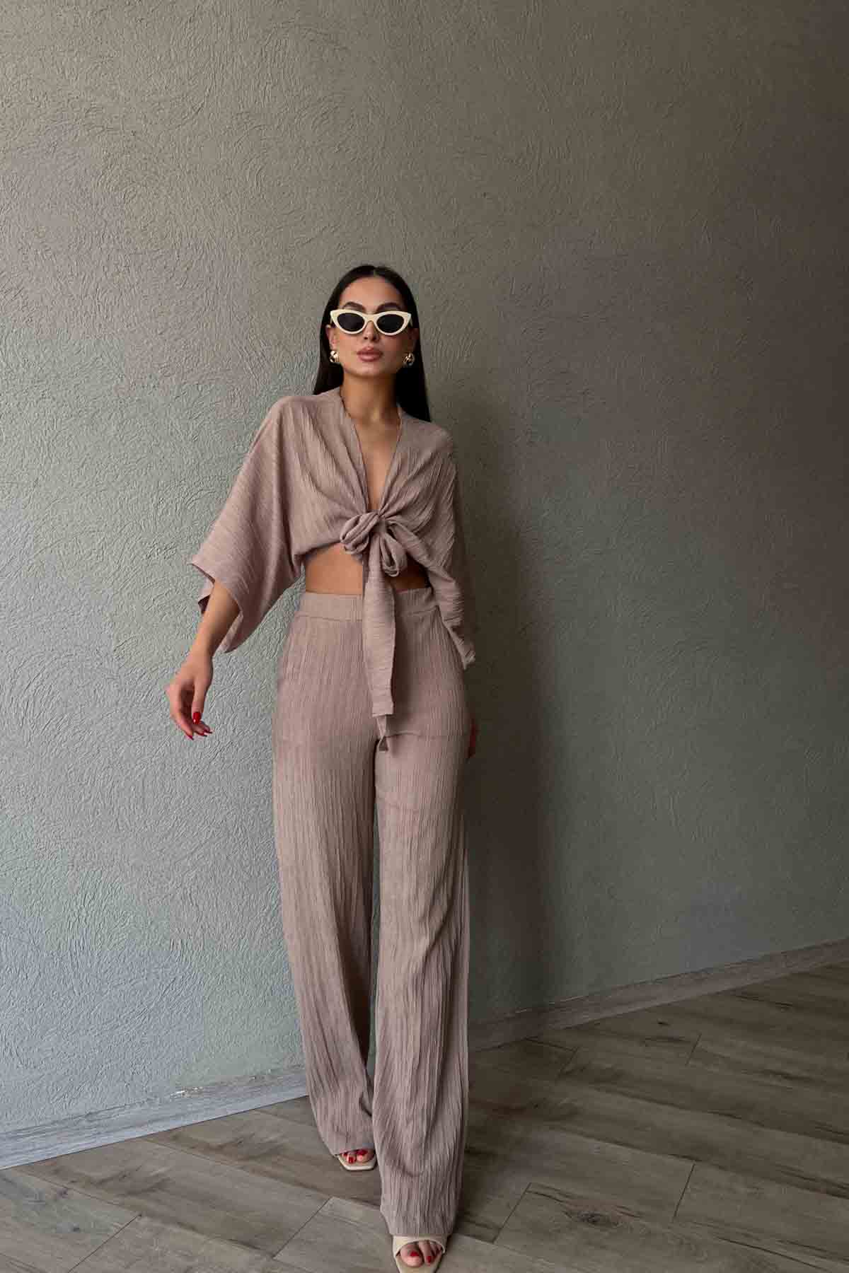 Vizon Bağlama Deyatlı Bluz Pantolon Keten Takım SY-2100-Vizon