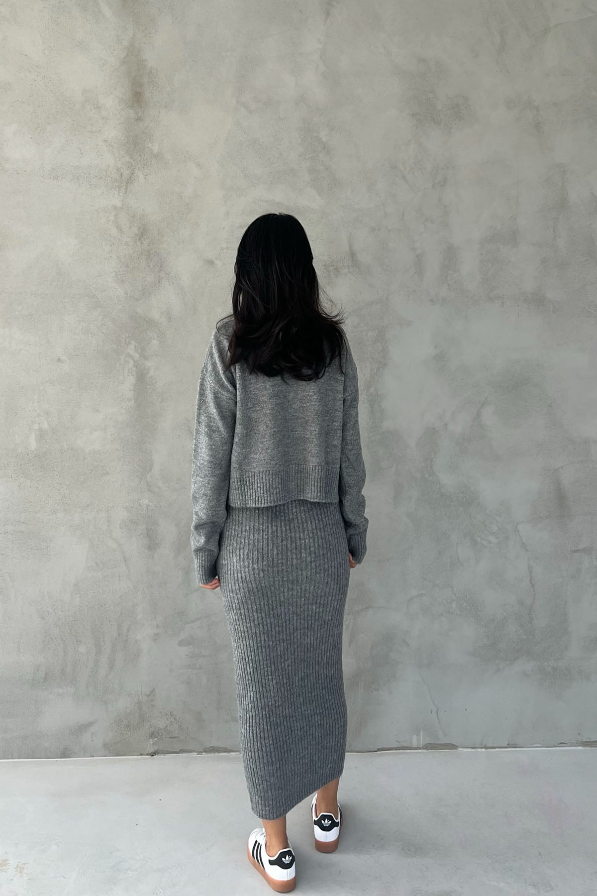 Gri Gül Detaylı Hırka Elbise İkili Takım SY-2448-Gri