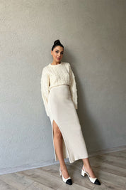 Bej Yandan Yırtmaçlı Triko Etek SY-1224-Bej