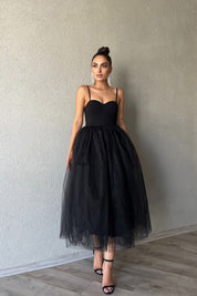 Siyah Tül Detaylı Çapraz Dekolteli Askılı Midi Elbise SY-1743-Siyah