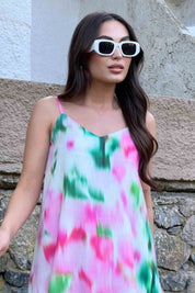 Pembe Çok Renkli Desenli İp Askılı Keten Elbise SY-2020-Pembe