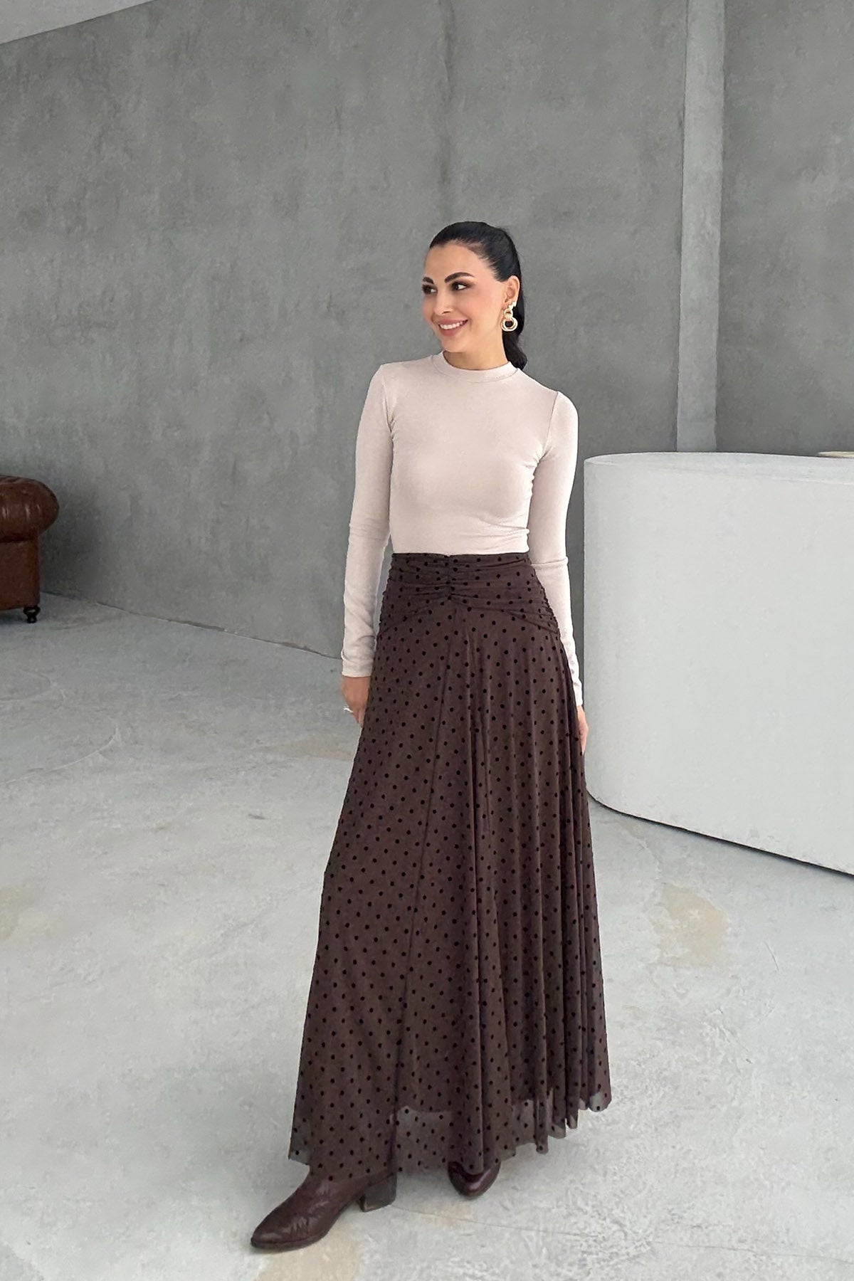 Kahve Büzgülü Flok Baskı Puantiyeli Etek SY-3358-Kahve