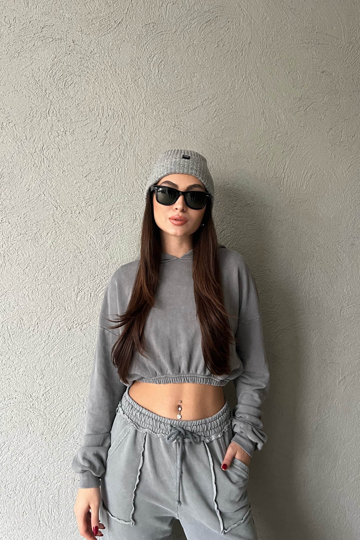 Gri Kapüşonlu Crop Sweatshirt SY-1683-Gri