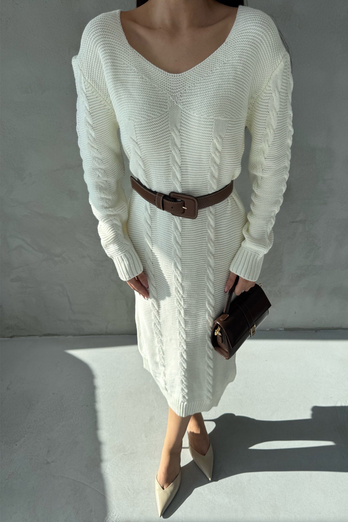 Ekru V Yaka Örgü Triko Elbise SY-2833-Ekru