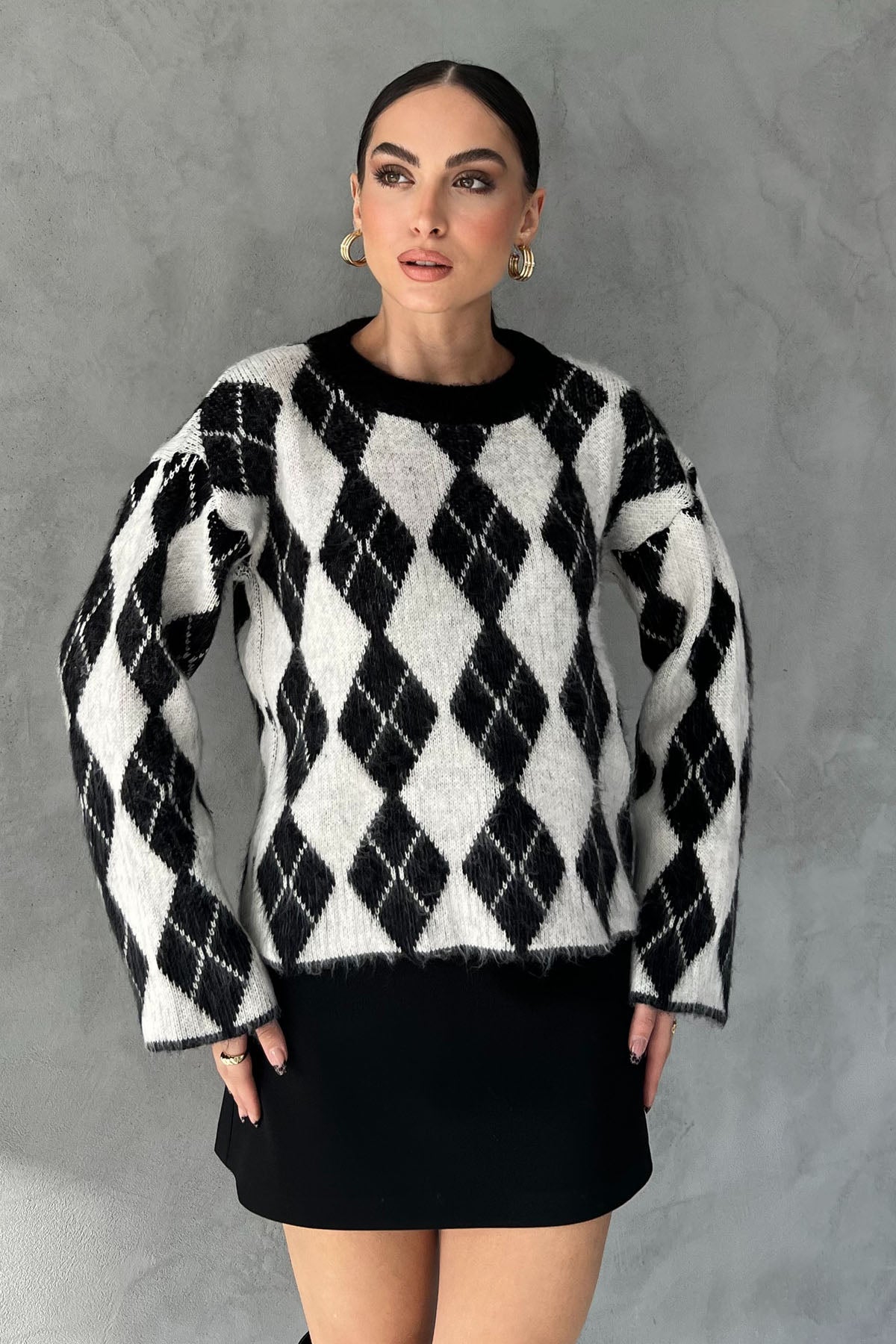 Siyah Baklava Desen Kısa Triko Kazak SY-2793-Siyah