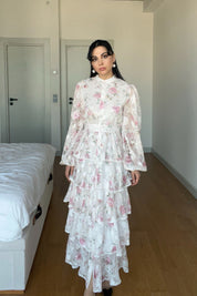 Pembe Çiçek Desenli Valonlu Şerit Detaylı Kat Kat Elbise SY-1747-Pembe