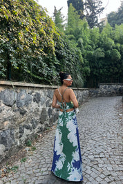 Renkli Positano Sırt Bağlamalı ve Çiçek Desenli Keten Elbise SY-2320-Renkli