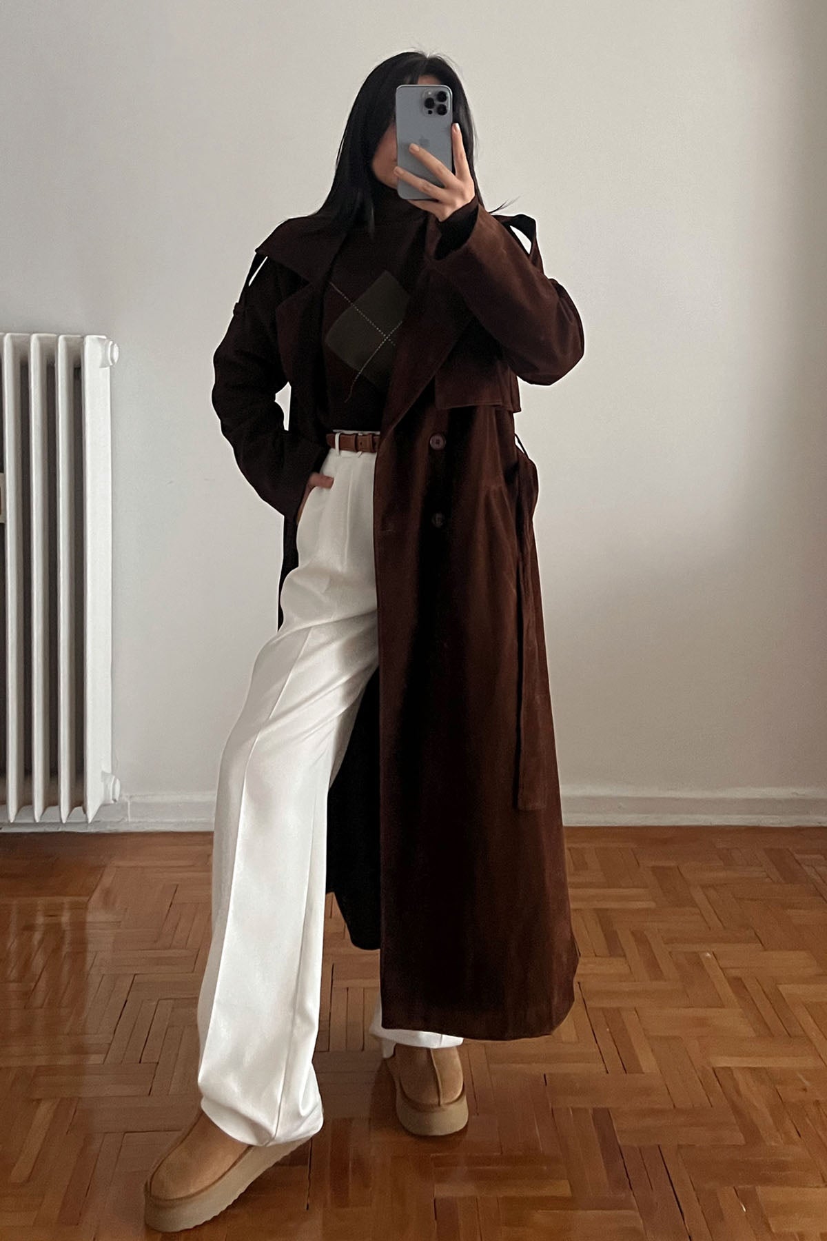 Acı Kahve Ponza Yırtmaç Detay Premium Süet Trençkot SY-2635-Acı Kahve