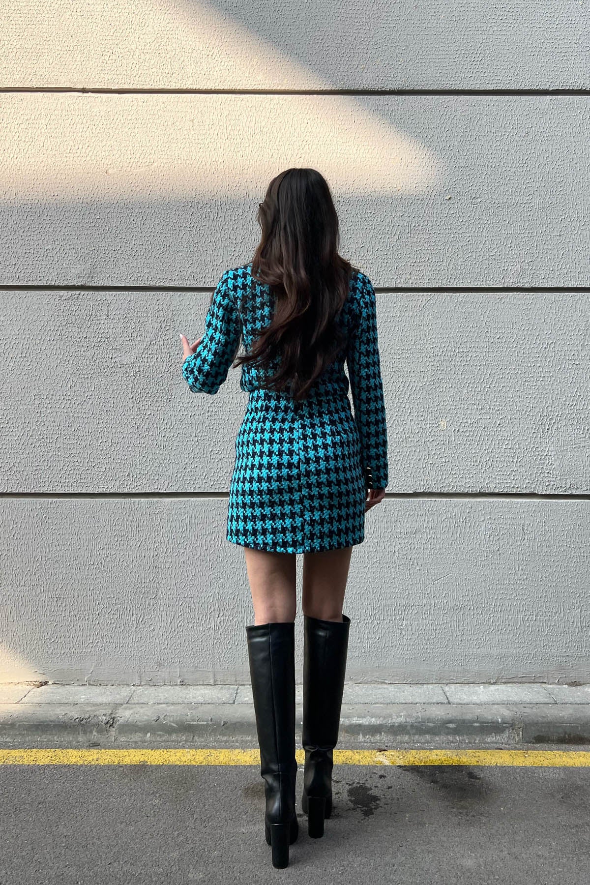 Mavi Tüvit Düğmeli Ceket Etek Takım SY-1582-Mavi