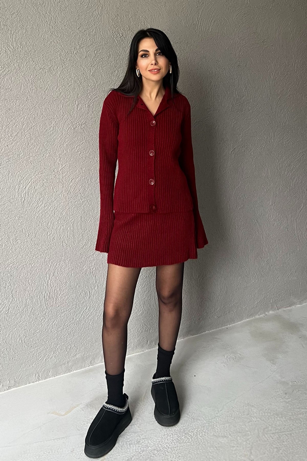 Bordo İspanyol Kol Hırka ve Etek Triko Takım SY-2785-Bordo