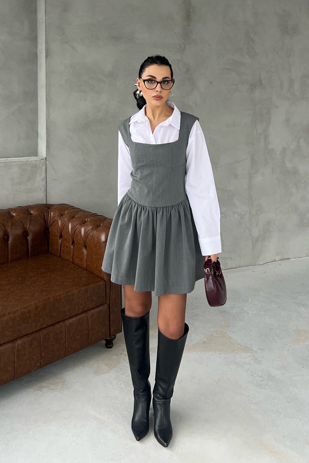 Volaren Gri Balon Elbise SY-2915-Gri