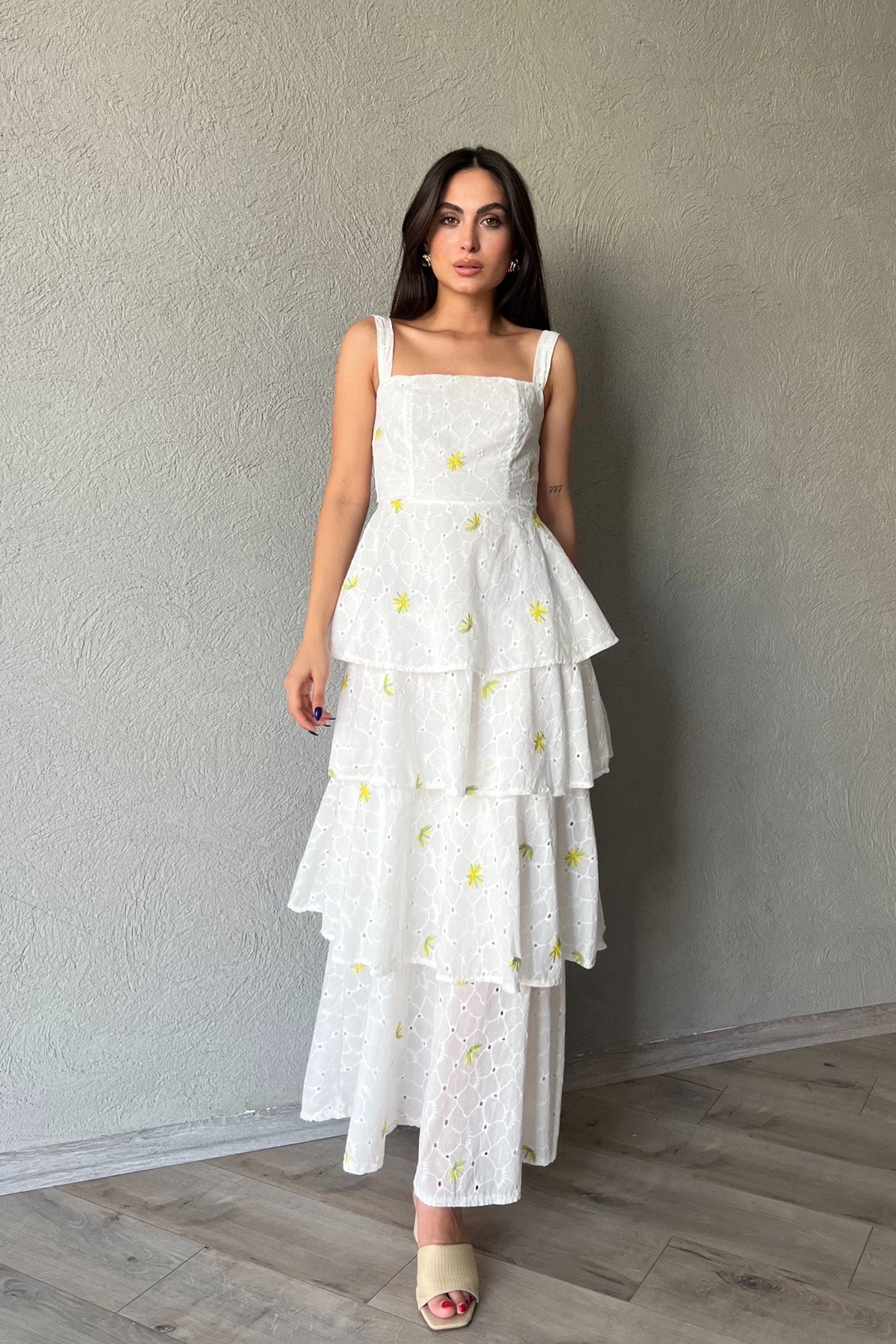 Yeşil Sarı Çiçekli Arkası Bağlama Detaylı Kat Kat Elbise SY-2038-Yeşil-Sarı