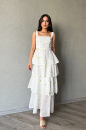 Yeşil Sarı Çiçekli Arkası Bağlama Detaylı Kat Kat Elbise SY-2038-Yeşil-Sarı