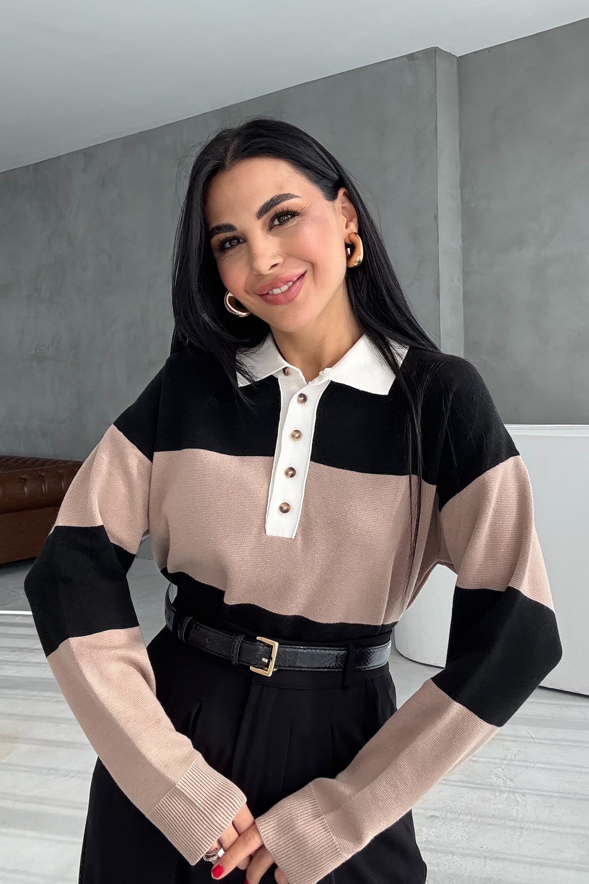 Vizon Çizgili Polo Yaka Kazak SY-3439-Vizon