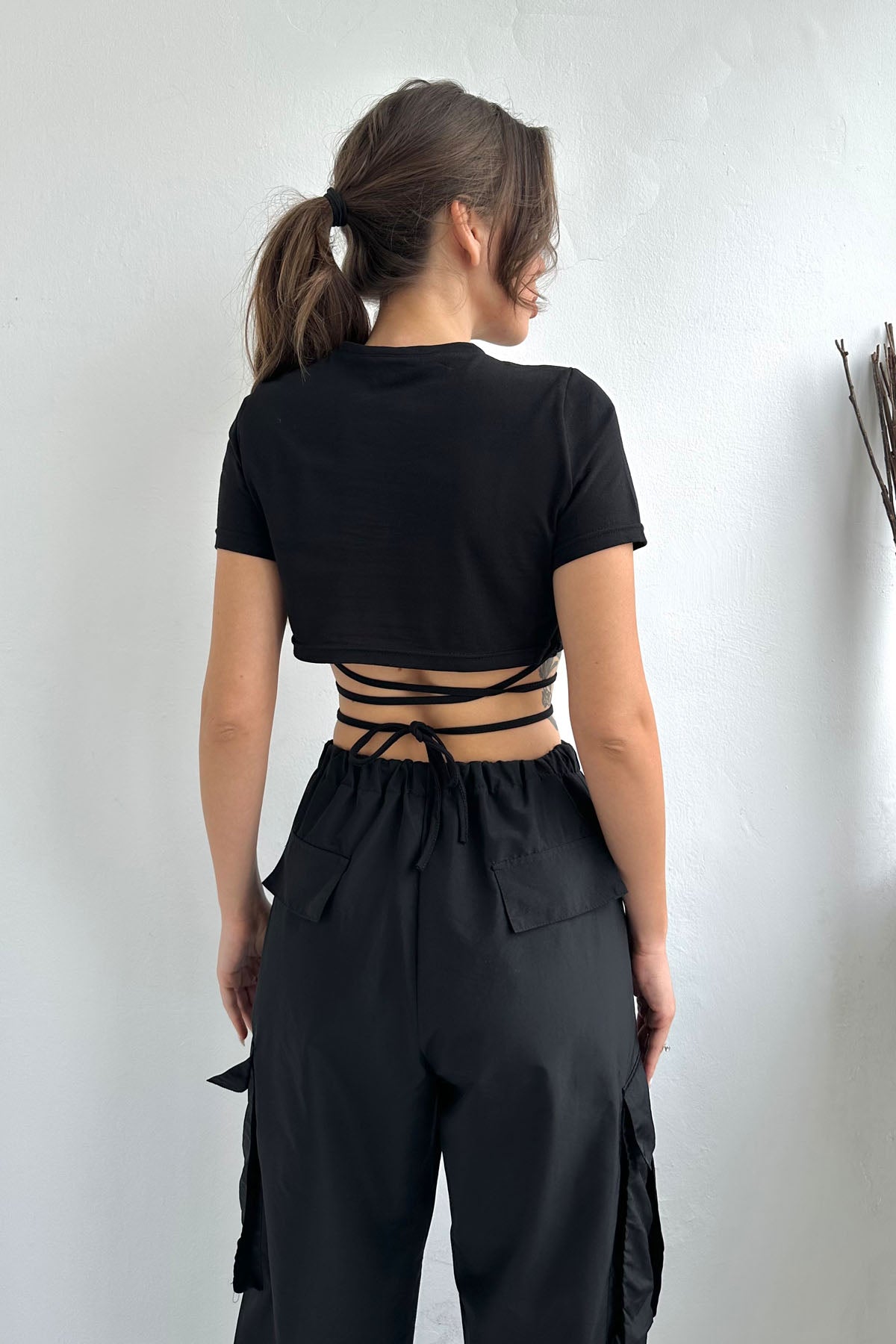 Siyah İp Detaylı Büzgülü Crop SY-0219-Siyah