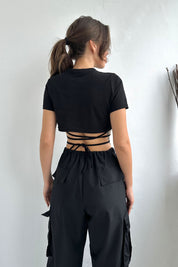 Siyah İp Detaylı Büzgülü Crop SY-0219-Siyah
