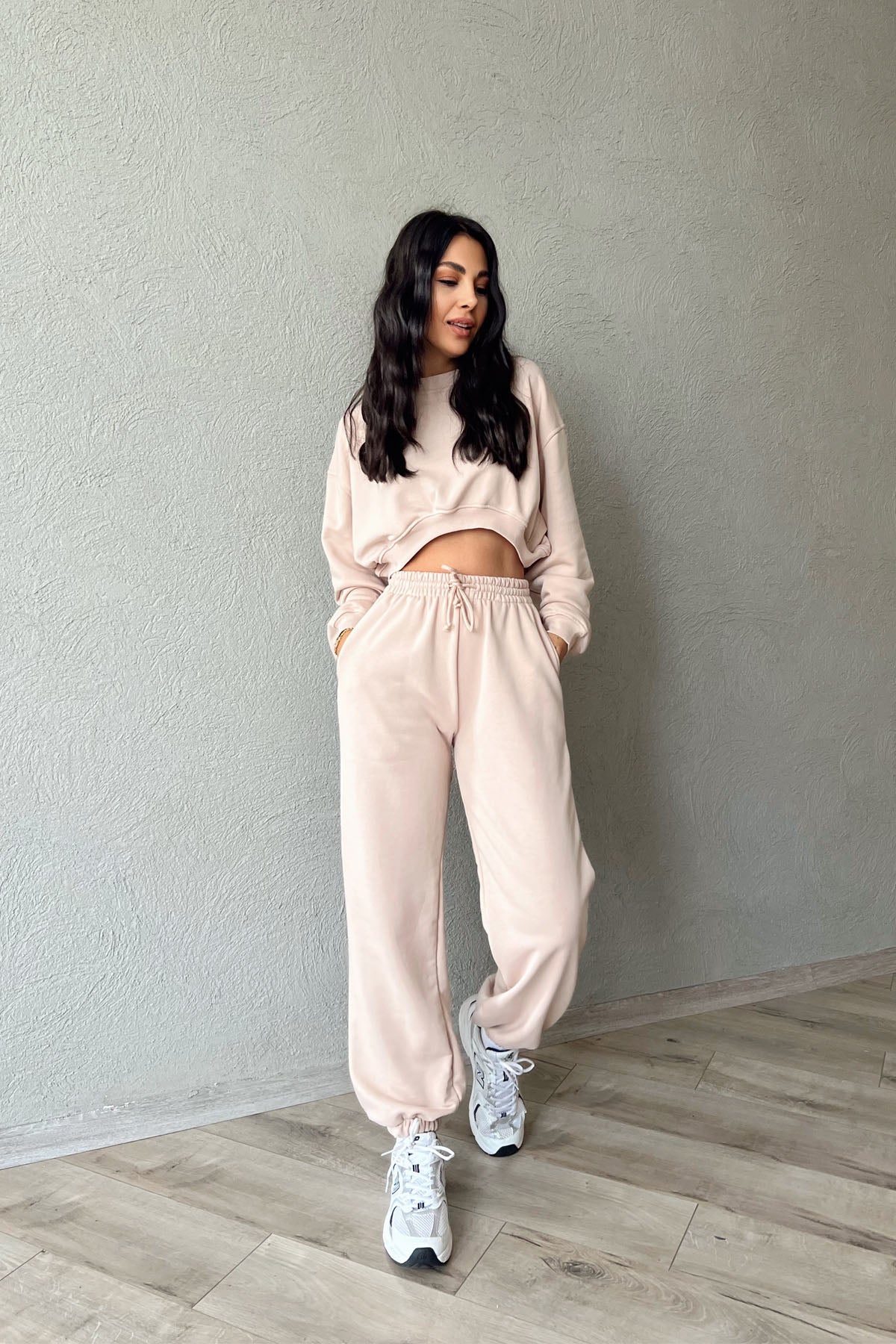 Bej Uzun Kollu Crop Eşofman Takımı SY-1154-Bej