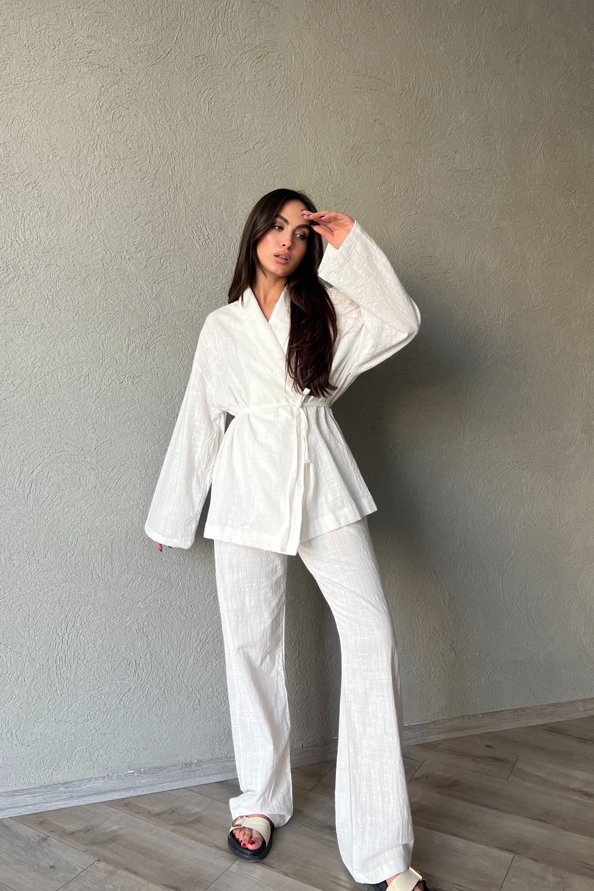 Ekru Önü Bağlama Detaylı Kimono Pantolon Keten Takım SY-2047-Ekru