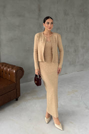 Bej Triko Önü Taş Detaylı Üçlü Takım SY-2433-Taş