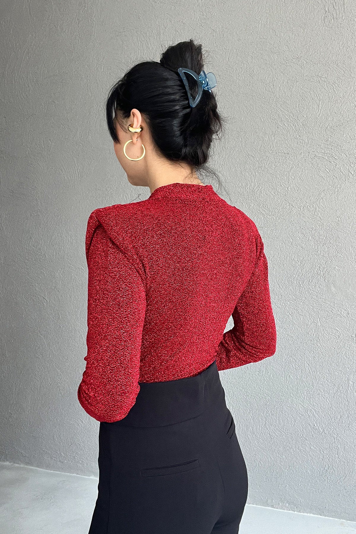 Kırmızı Simli Kruvaze Yaka Vatkalı Çıtçıtlı Body SY-1396-Kırmızı