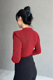 Kırmızı Simli Kruvaze Yaka Vatkalı Çıtçıtlı Body SY-1396-Kırmızı