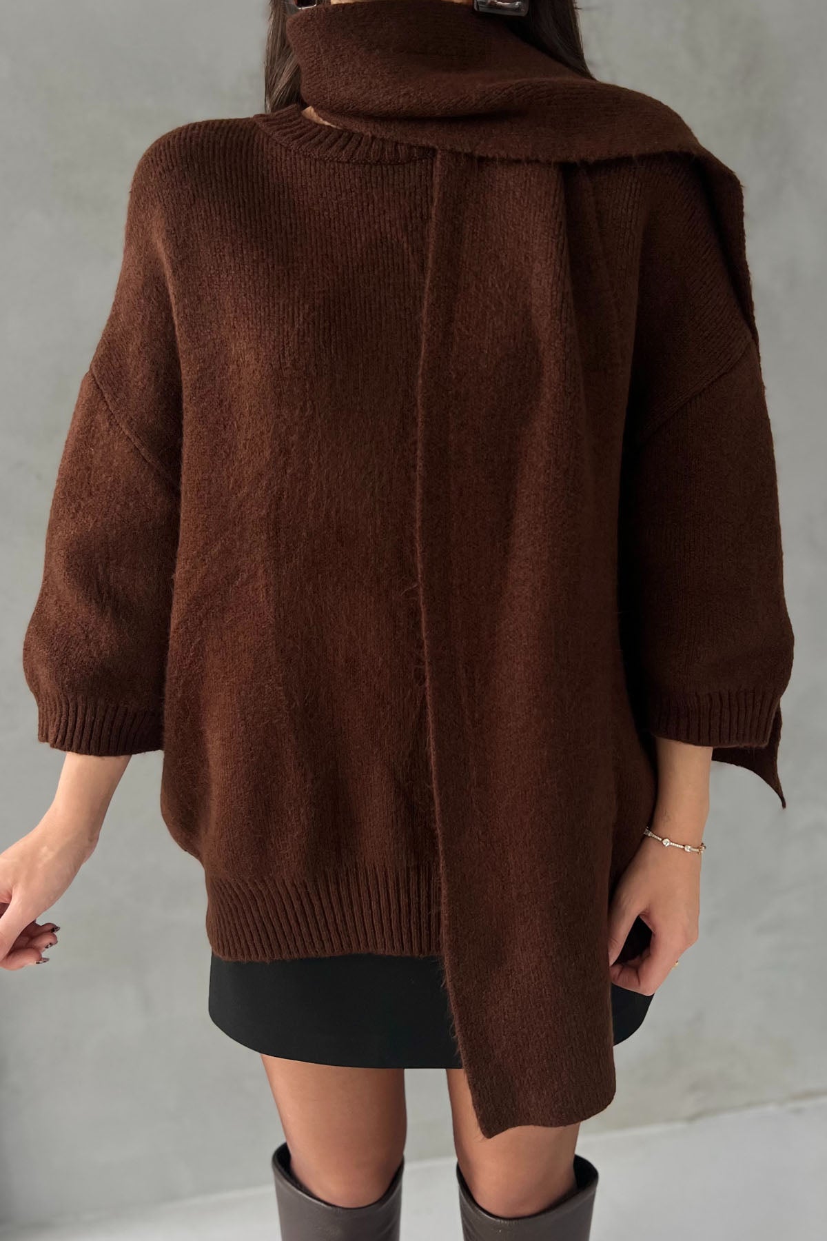 Kahverengi Kısa Kollu Şal Detay Oversize Kazak SY-2818-Kahverengi