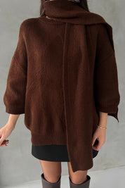 Kahverengi Kısa Kollu Şal Detay Oversize Kazak SY-2818-Kahverengi