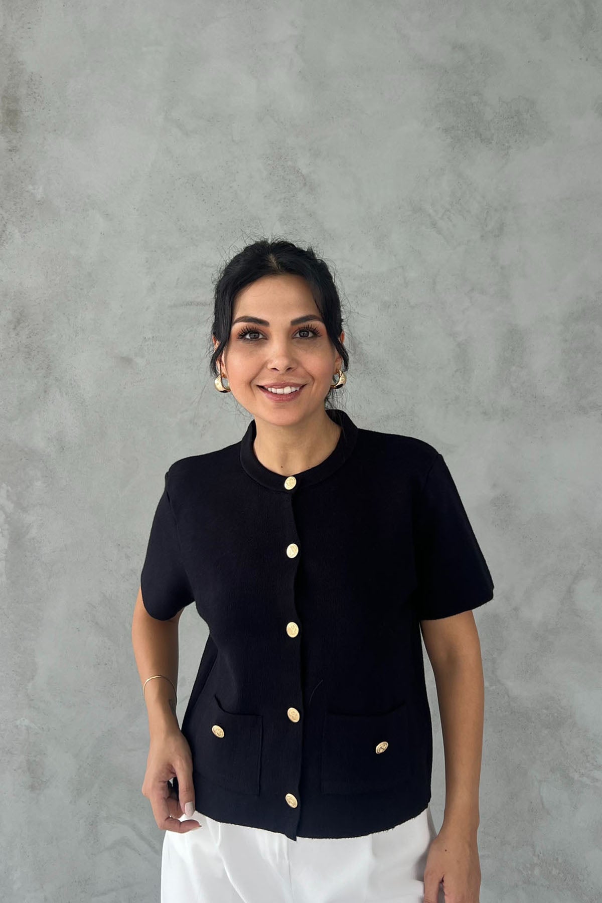 Siyah Önü Cepli Gold Düğmeli Triko Hırka SY-2519-Siyah