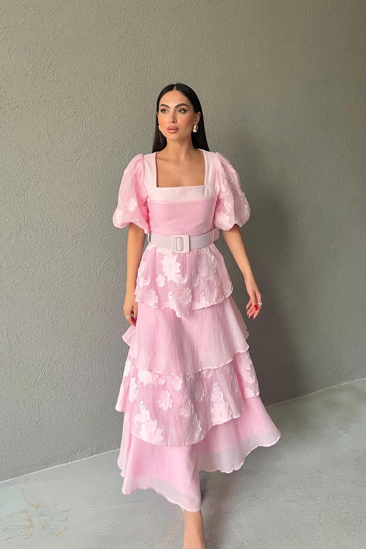 Pembe Tasarım Kat Detaylı Pinterest Lipari Elbise (Kemersiz) SY-3375-Pembe