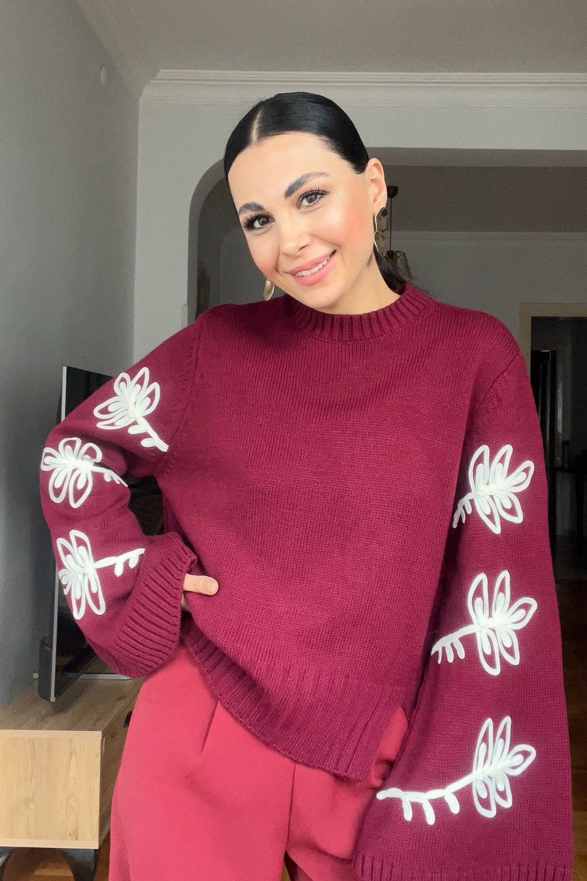 Bordo Tasarım Kolları Nakışlı Kazak SY-2837-Bordo