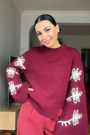 Bordo Tasarım Kolları Nakışlı Kazak SY-2837-Bordo