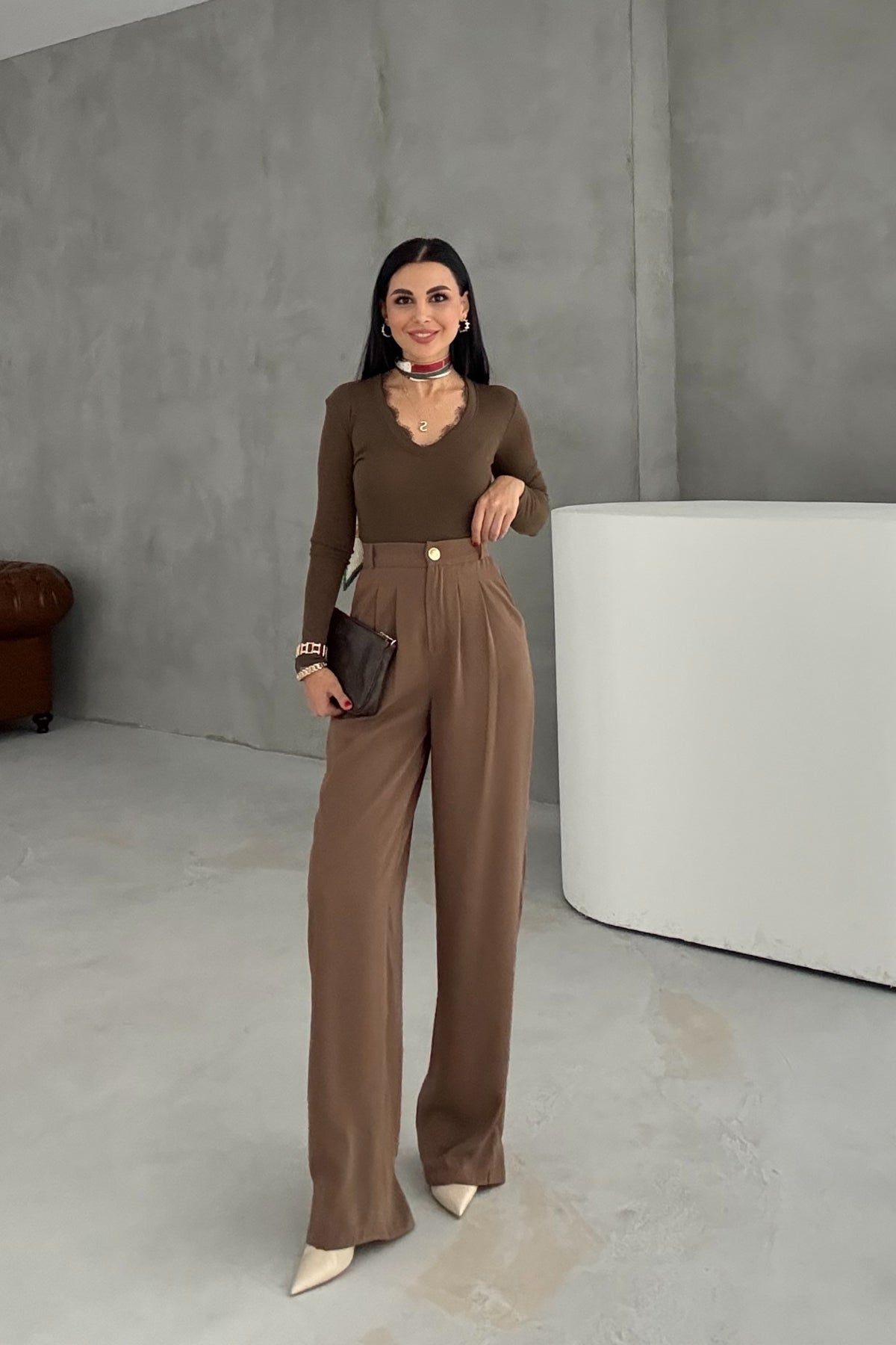 Camel Gold Düğme Detaylı Palazzo Pantolon SY-3424-Camel