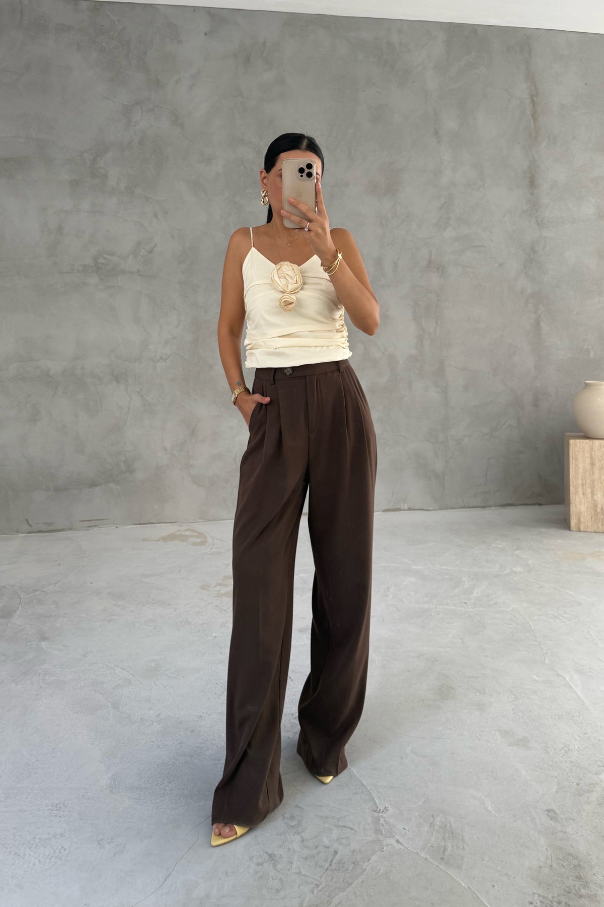 Kahve Yüksek Bel Bol Paça Palazzon Pantolon SY-3325-Kahve