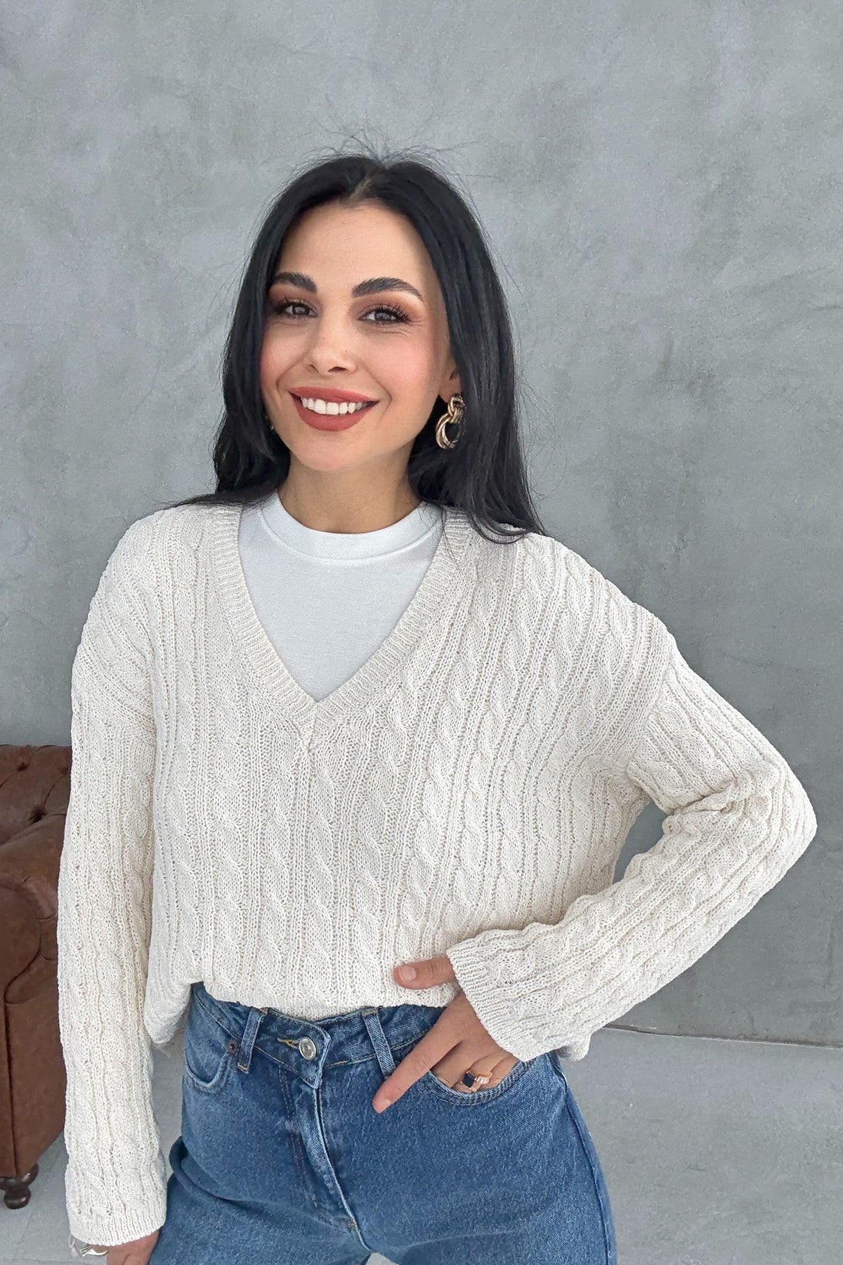 V Yaka Saç Örgü Krem Triko Kazak SY-3407-Krem