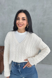 V Yaka Saç Örgü Krem Triko Kazak SY-3407-Krem