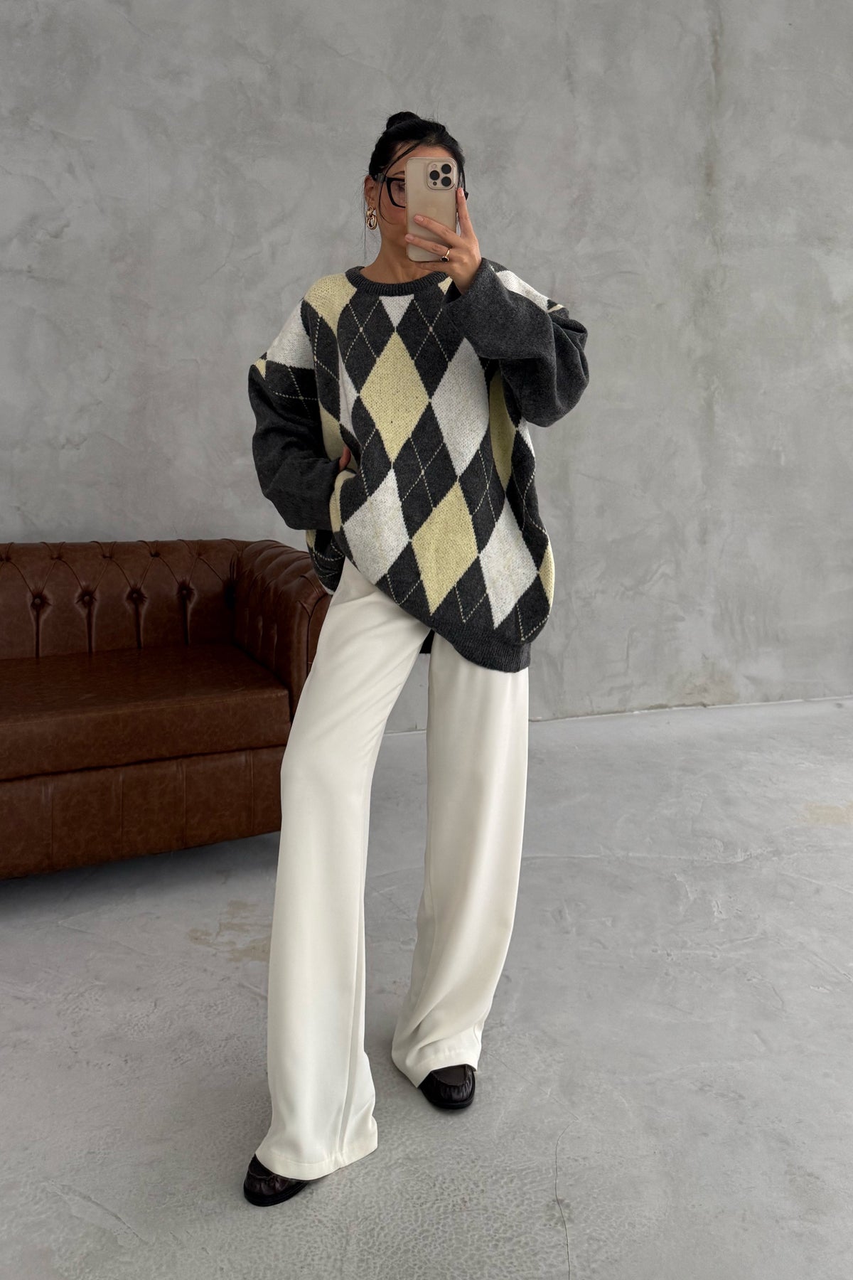 Antrasit ve Sarı Renkli Baklava Desenli Kazak SY-3408-Antrasit