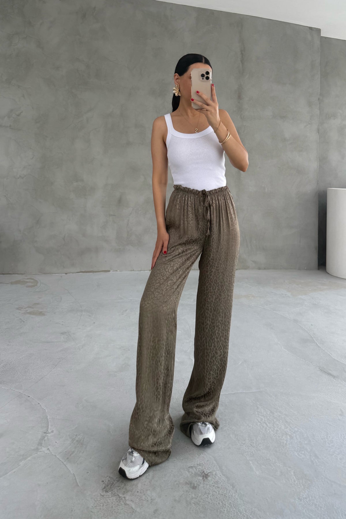 Açık Haki Leopar Desenli Jakarlı Bol Paça Pantolon SY-1686-Açık Haki