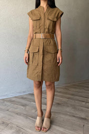 Camel Keten Safari Elbise SY-2853-Camel