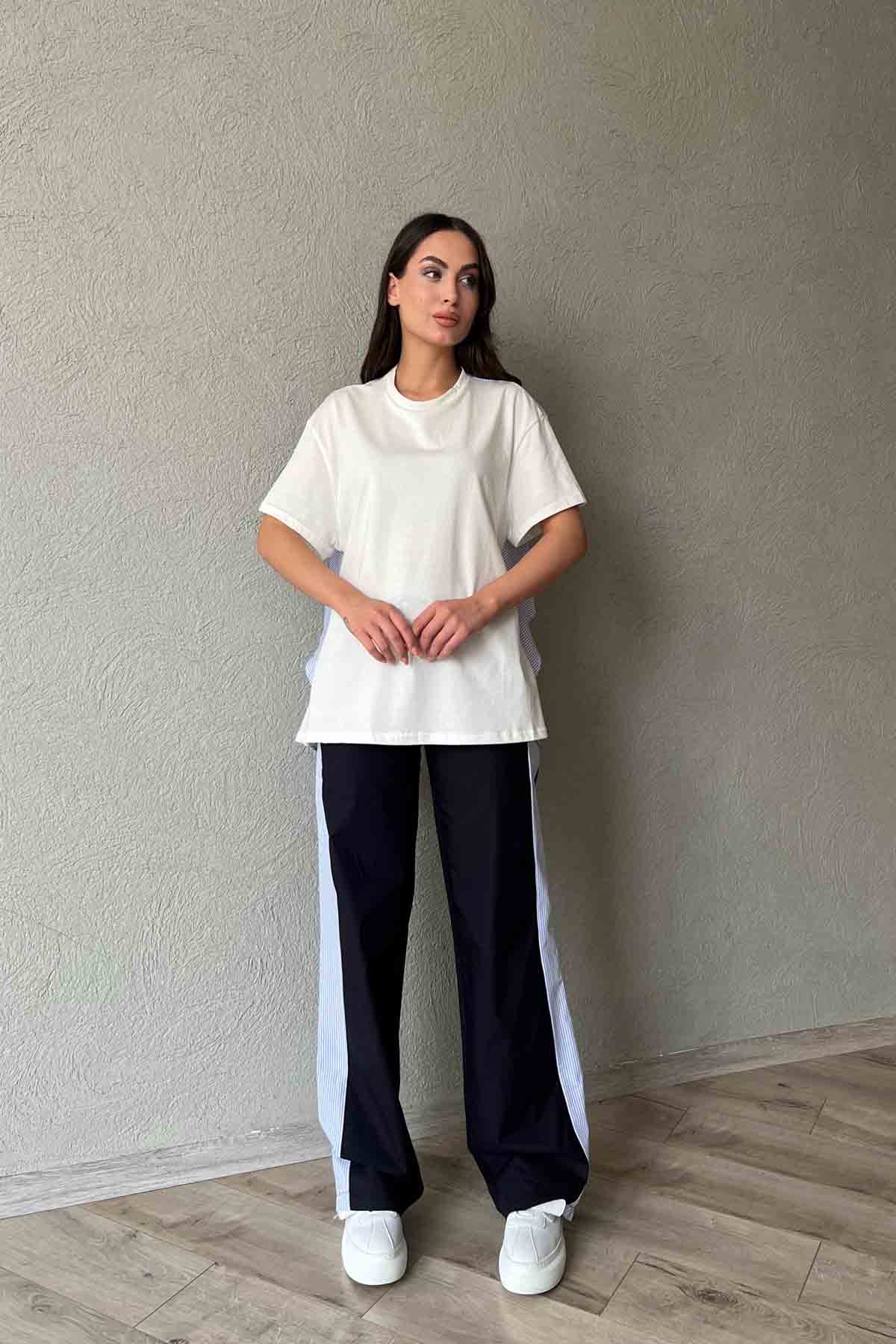 Mavi Çizgili Garnili Poplin Bluz ve Pantolon Takım SY-2016-Mavi