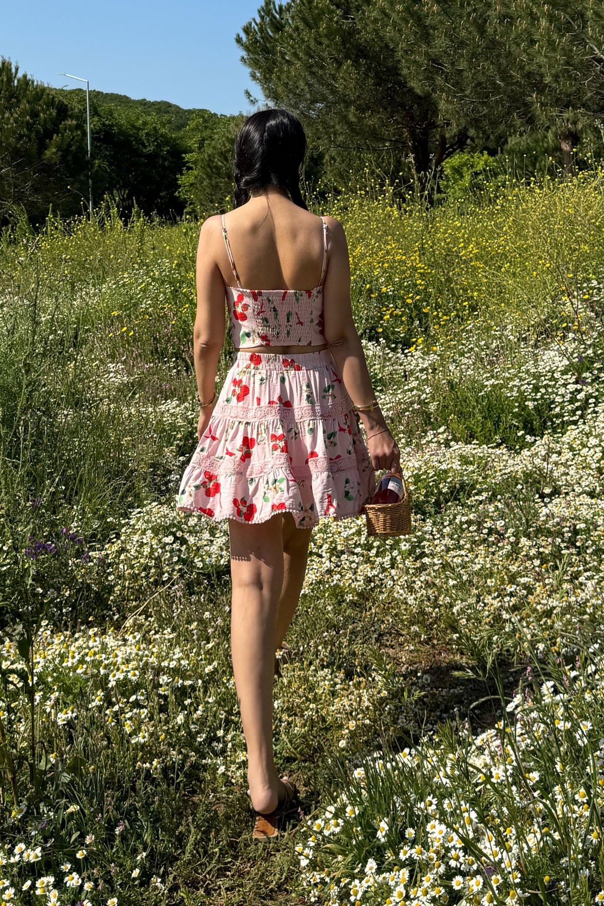 Pembe Desenli Askılı Crop Bluz ve Etek Takım SY-3193-Pembe