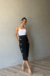 Siyah Çizgili Midi Boy Etek SY-1642-Siyah