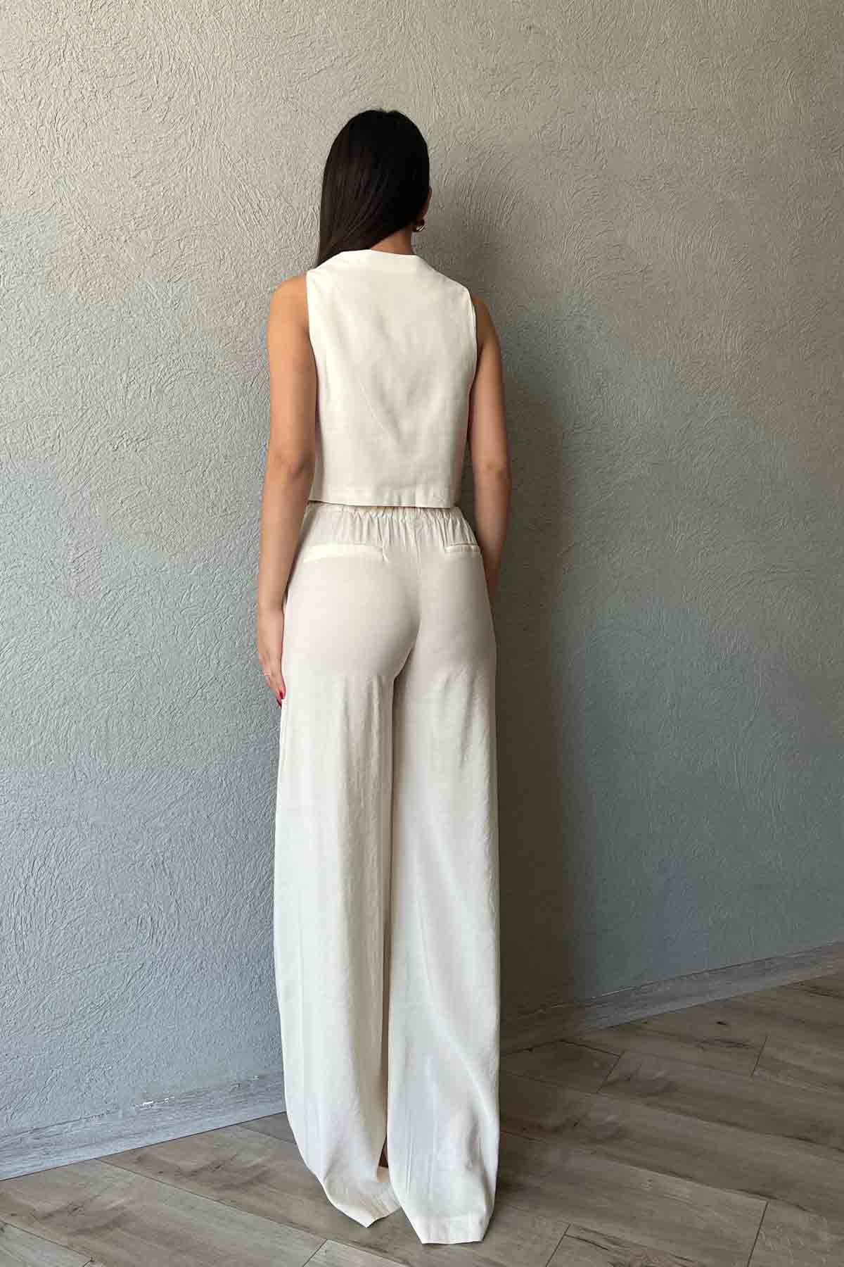 Ekru Yelek Beli Lastik Detaylı  Pantolon Takım SY-2019-Ekru