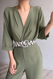 Haki Kemeri Desenli  Kruvaze Yaka Tulum SY-0454-Haki