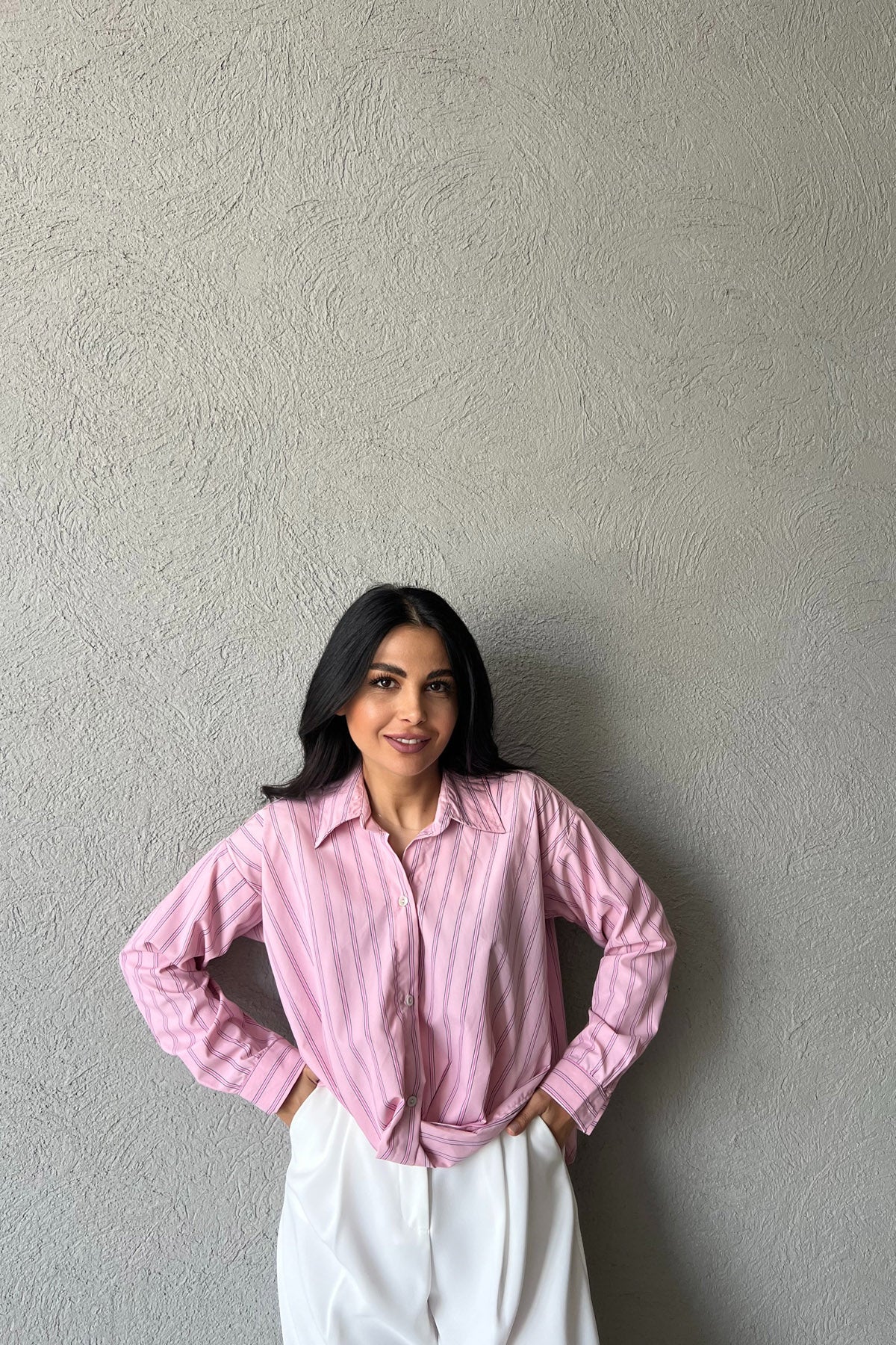 Pembe Çizgili Önü Tasarım Bağlamalı Gömlek SY-2046-Pembe