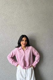 Pembe Çizgili Önü Tasarım Bağlamalı Gömlek SY-2046-Pembe