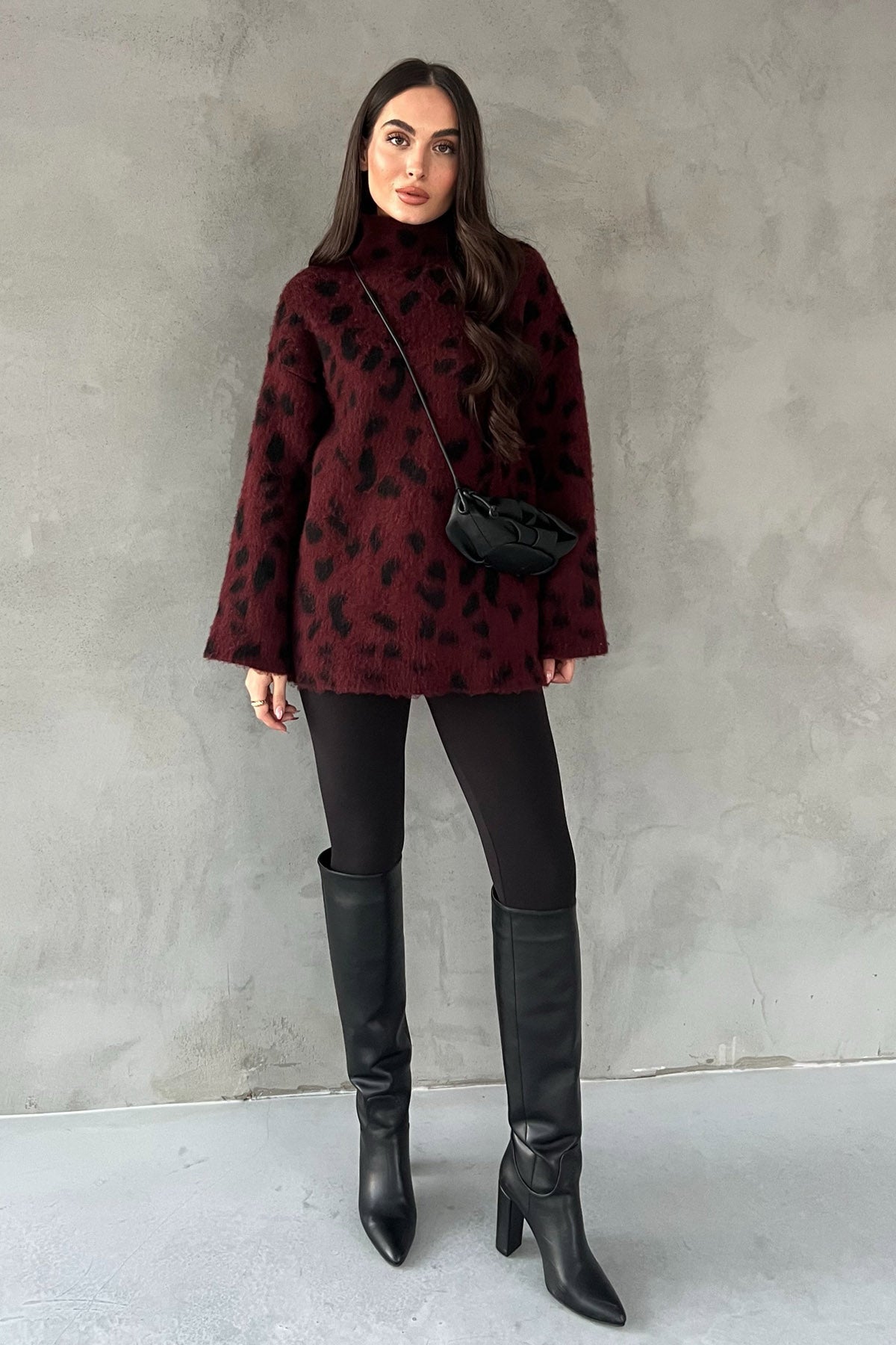 Bordo Leopar Desen Yarım Balıkçı Triko Kazak SY-2652-Bordo