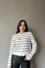 Ekru Lacivert Çizgili Şardonlu Gold Düğmeli Yuvarlak Yaka Hırka SY-1365-Ekru