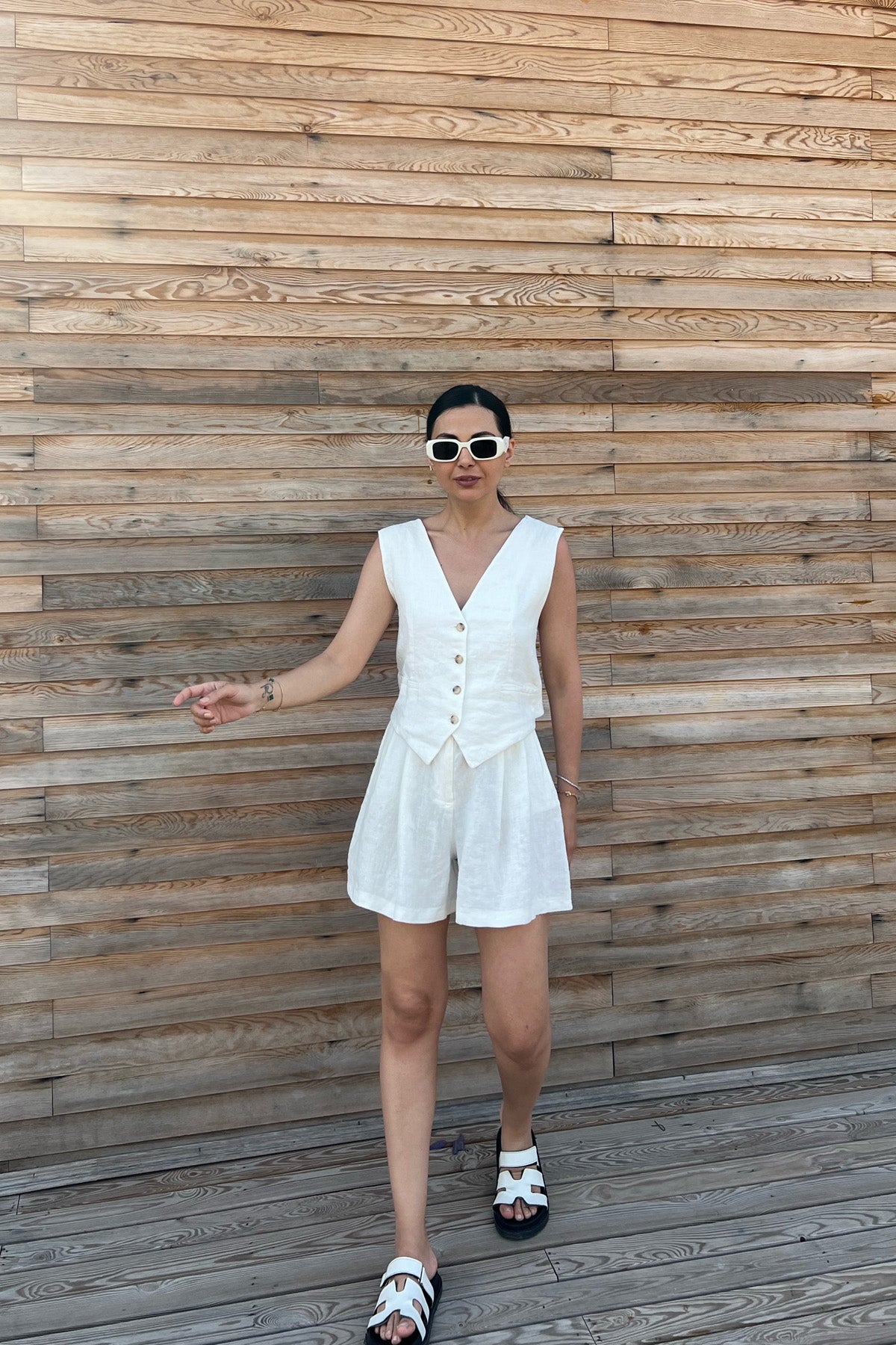 Ekru Sırt Detaylı Yelek Şort Keten Takım SY-2186-Ekru