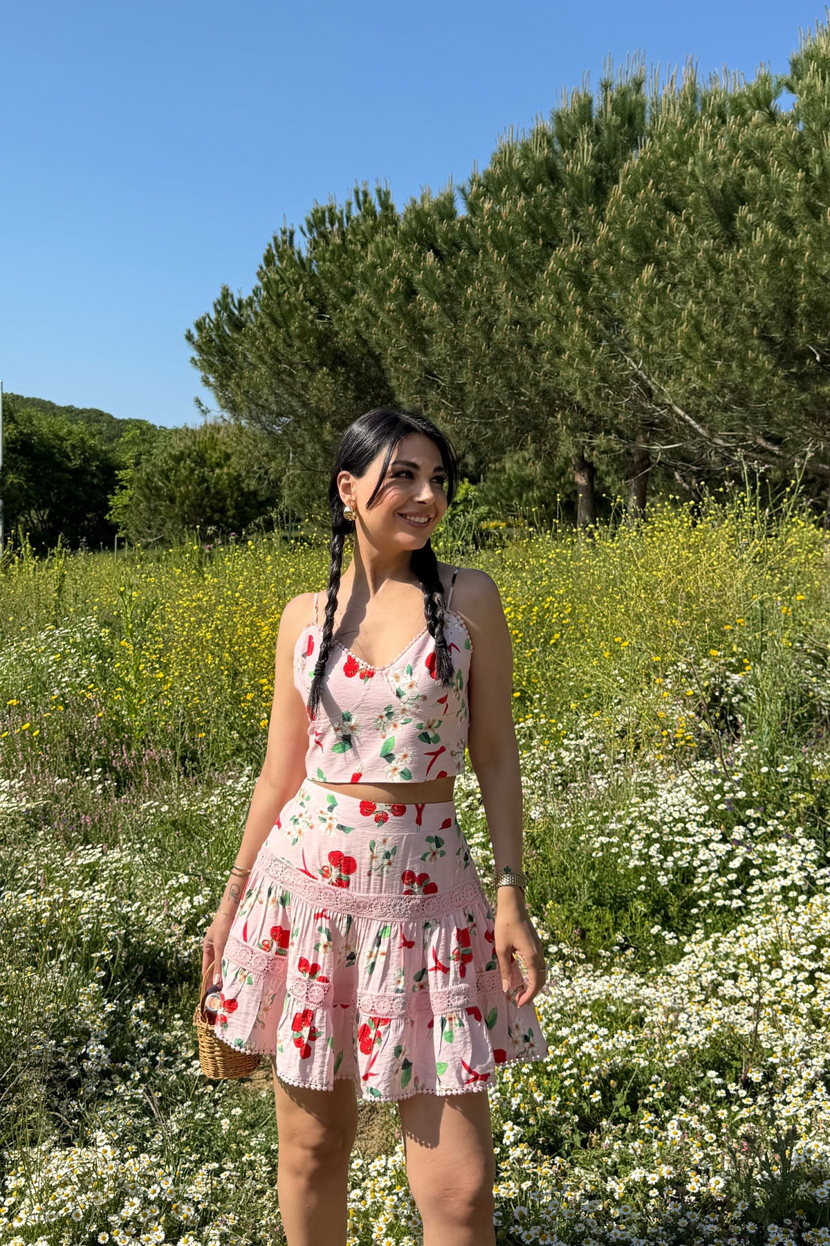 Pembe Desenli Askılı Crop Bluz ve Etek Takım SY-3193-Pembe